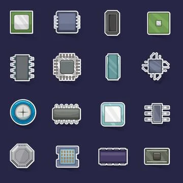 Computer chips icons set vector sticker Stock Illustration