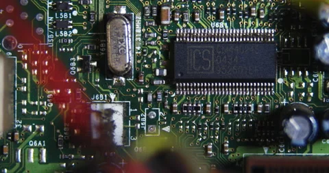 Computer Chips ICS on Circuit Boards Inside Personal Computer, Macro Stock Footage 169725401