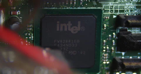 Computer Chips Intel on Circuit Boards Inside Personal Computer, Macro Stock Footage 169724424