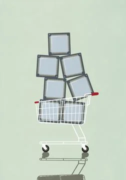Computer chips stacked in shopping cart against green background Stockillustratie