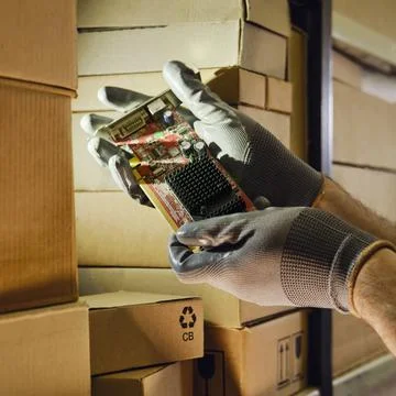 Computer chips video card in the hands of a man warehouse worker. The crisis  Stock Photos