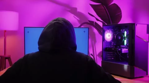 Computer with chroma key green screen on monitor. Gamer man playing in popular Stock Footage 270479918
