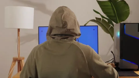 Computer with chroma key green screen on monitor. Gamer man playing in popular Stock Footage 270541696
