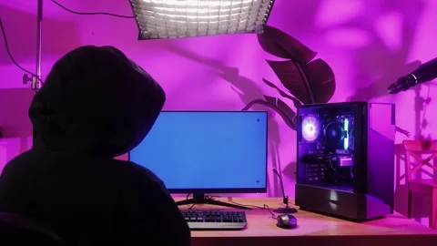 Computer with chroma key green screen on monitor. Gamer man playing in popular Stock Footage 275099882