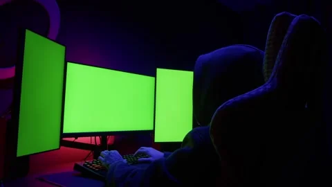 Computer with chroma key green screen on monitor. Gamer man playing in popular Stock Footage 279181252