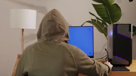 Computer with chroma key green screen on monitor. Gamer man playing in popular Stock Footage 285548163