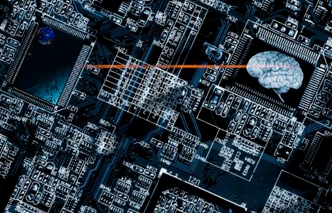 Computer circuit board and brain Stock Photos