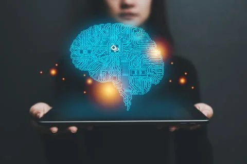 Computer circuit board concept in the form of a human brain on a holographic Foto stock
