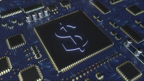 Computer circuit board with dollar USD symbol. 3D rendering Illustrazione stock