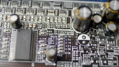 Computer Circuit Board with Electronic Chips Rotating Close Up 写真素材