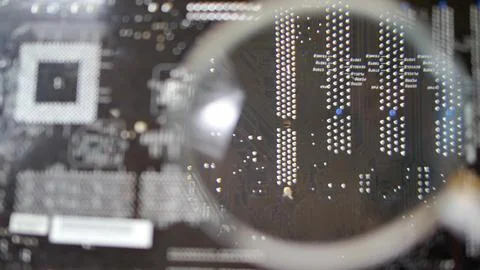 Computer Circuit Board with Electronic Chips under Magnifying Glass 写真素材