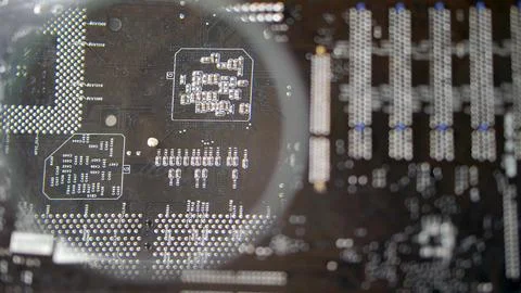 Computer Circuit Board with Electronic Chips under Magnifying Glass 写真素材