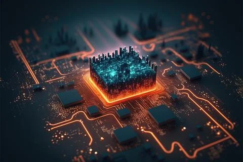 A Computer Circuit Board With A Glowing Cube On Top Of It And Trees In The Illustrazione stock