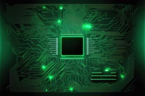 A computer circuit board with a green light on it's side and a black square.. Stock Illustration