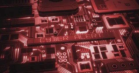 Computer circuit board with LED Cyber Alert then flashes red 스톡 동영상 120578888