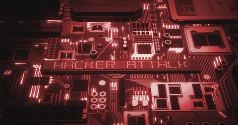 Computer circuit board with LED Hacker Attack and flashes red 스톡 동영상 120578887
