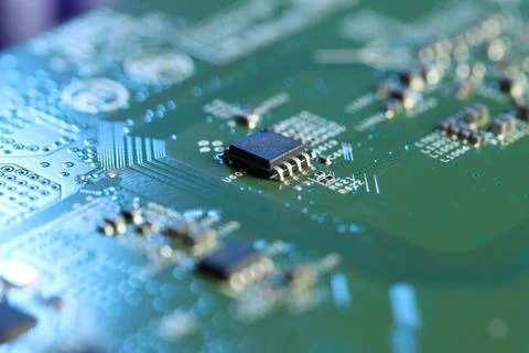 Computer circuit board, macro view. Electronic engineering Stock Photos