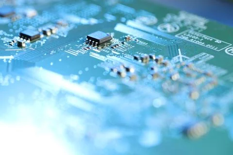 Computer circuit board, macro view. Electronic engineering Stock Photos