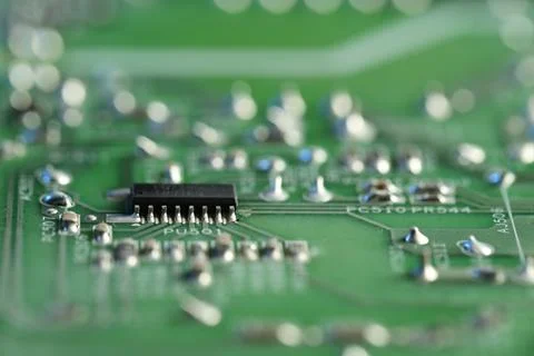 Computer circuit board, macro view. Electronic engineering Stock Photos