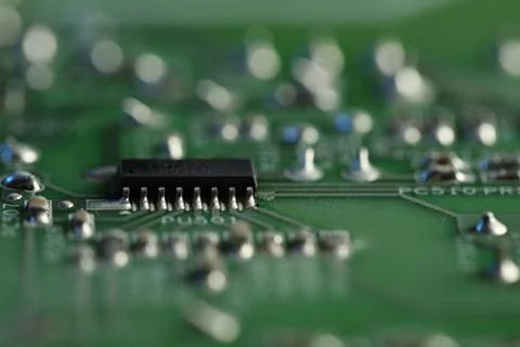 Computer circuit board, macro view. Electronic engineering Stock Photos