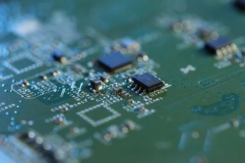 Computer circuit board, macro view. Electronic engineering Stock Photos