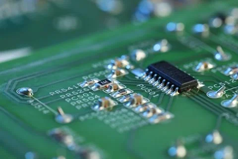 Computer circuit board, macro view. Electronic engineering 스톡 사진