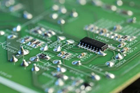 Computer circuit board, macro view. Electronic engineering Stock Photos