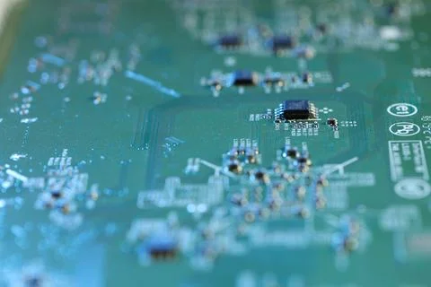 Computer circuit board, macro view. Electronic engineering Stock Photos