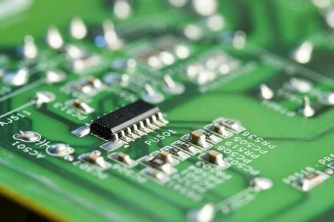 Computer circuit board, macro view. Electronic engineering Stock Photos
