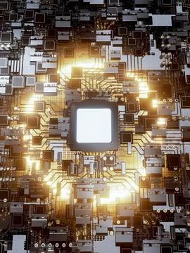 Computer circuit board or motherboard. Electron stream running from CPU con.. Stock Illustration