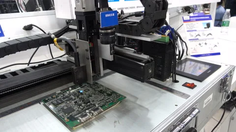 Computer circuit board robotic production line, trade show in Shanghai, China Stock Footage 61245155