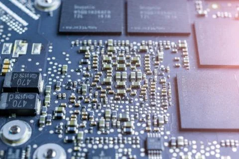 Computer circuit chip board background. Blue processor motherboard technology Stock Photos