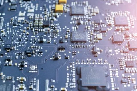Computer circuit chip board background. Blue processor motherboard technology 写真素材