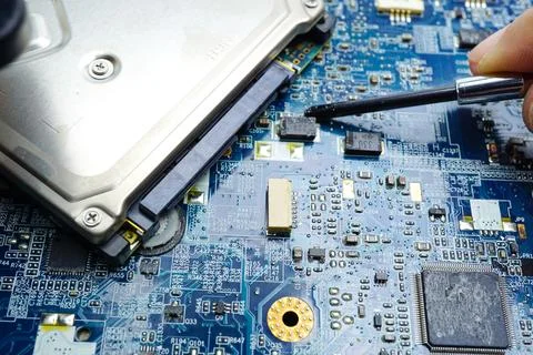 Computer circuit cpu chip mainboard core processor electronics device : conce Stock Photos