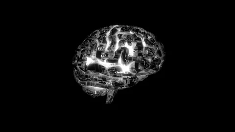 Computer circuitry brain  - glowing white on black Video stock 122655817