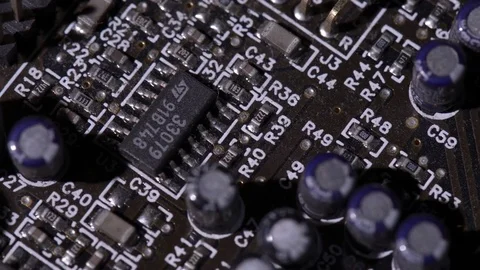 Computer circuits hardware. Motherboard part, chips, connections, circuit boards Stock Footage 80288231