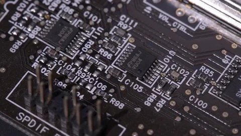 Computer circuits hardware. Motherboard part, chips, connections, circuit boards Stock Footage 80288292