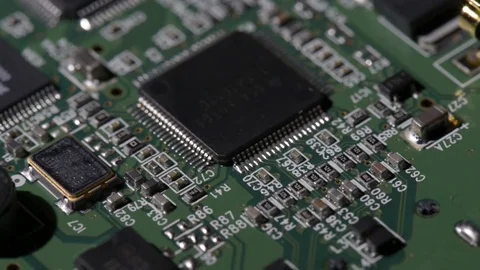 Computer circuits hardware. Motherboard part, chips, connections, circuit boards Stock Footage 80634327