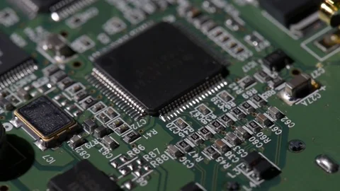 Computer circuits hardware. Motherboard part, chips, connections, circuit boards Stock Footage 80634333