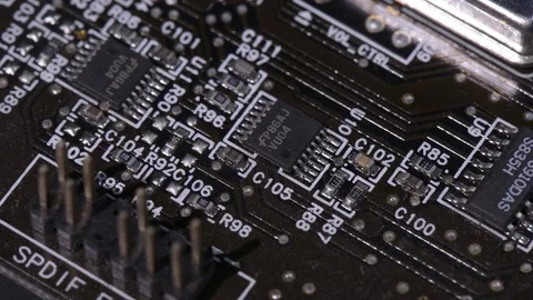 Computer circuits hardware. Motherboard part, chips, connections, circuit boards Stock Footage 80634380