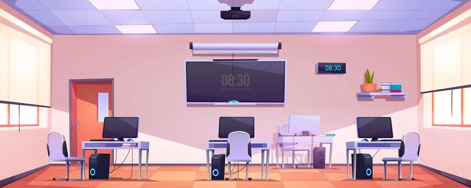 Computer class, open space office empty interior 스톡 일러스트