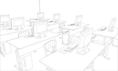 Computer class with tables and computers Stock Illustration