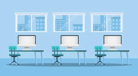 Computer Classroom With No Pupils Indoor, Blue Background, Vector Illustration 스톡 일러스트