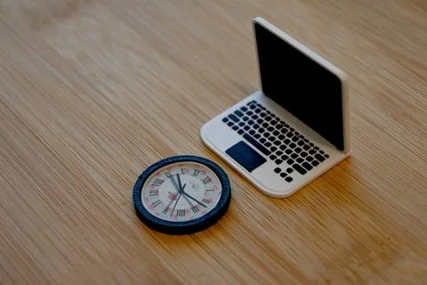 Computer with clock screen time digital detox concept with copy space Fotos Stock