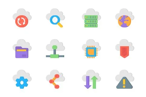 Computer cloud 3d icons set. Pack flat pictograms of sync, search, server, .. Stockillustratie