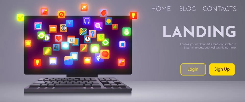 Computer with cloud of app icons on the screen. Application store concept. Stock Illustration