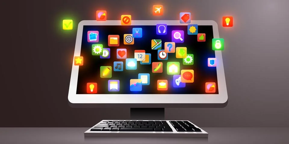 Computer with cloud of app icons on the screen. Application store concept. Stock Illustration