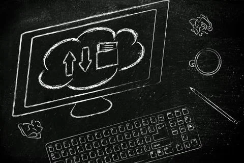 Computer with cloud computing on its screen 스톡 일러스트