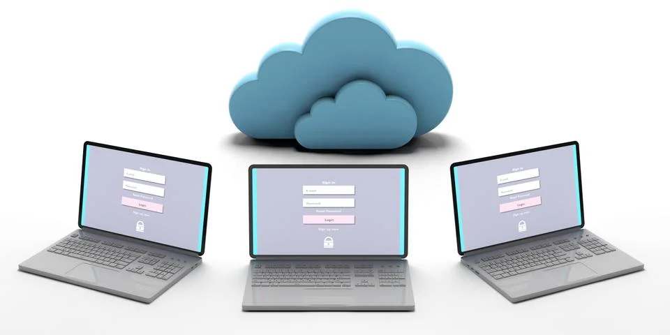 Computer cloud concept, Clouds and computers laptops, isolated on white backg Illustrazione stock