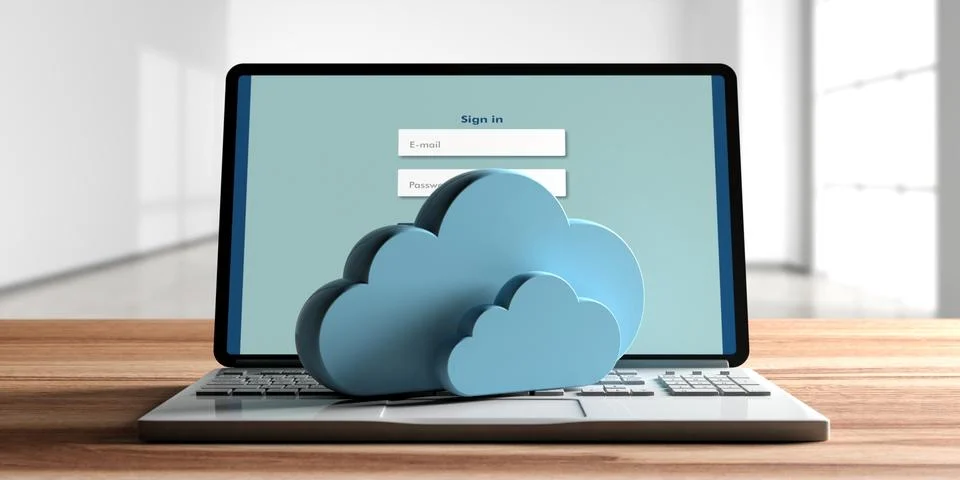 Computer cloud concept, Clouds pn a computer laptop, blur office background, Illustrazione stock